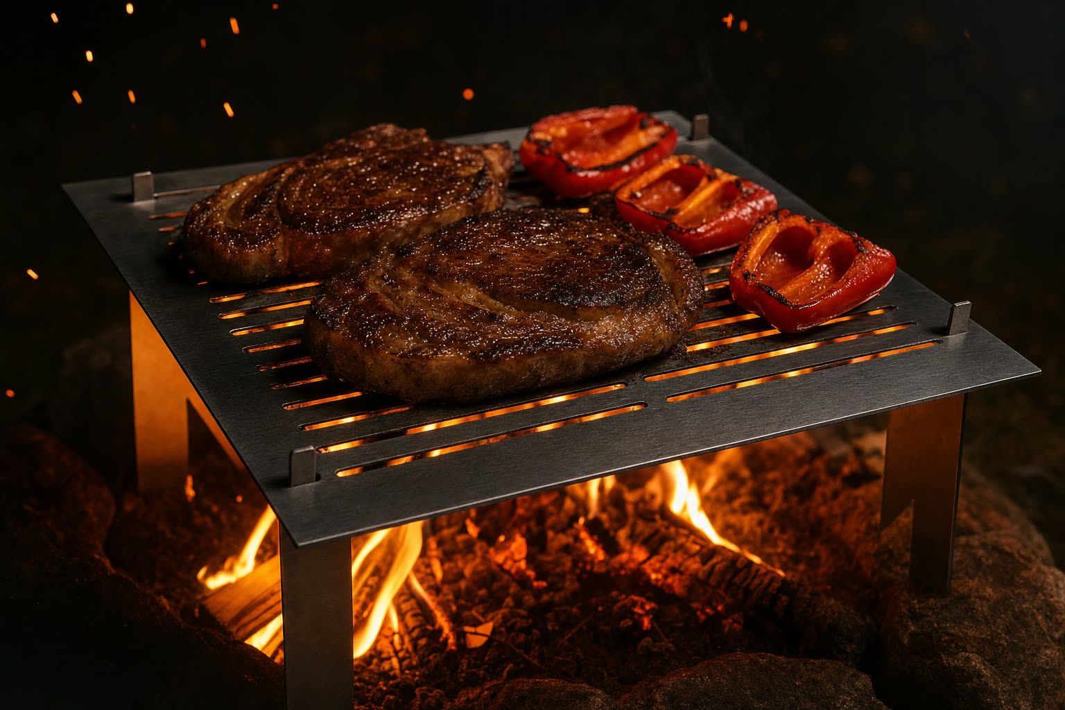 Steaks auf dem ROSTY über offener Flamme