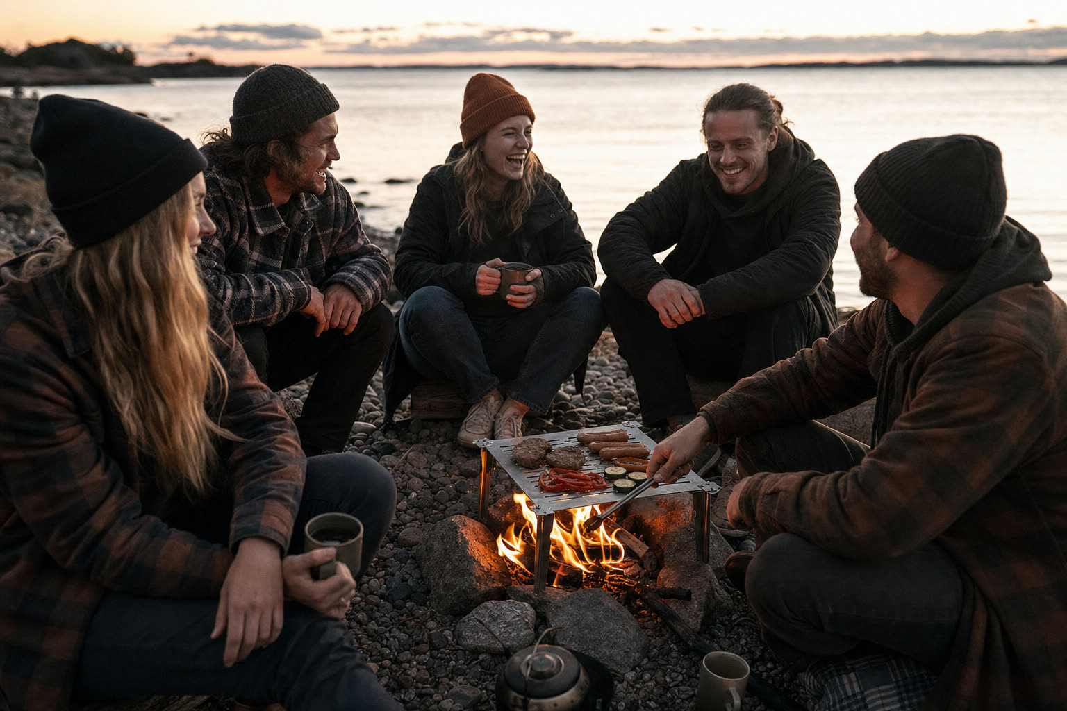 Freunde sitzen am Kiesstrand um das Lagerfeuer mit dem ROSTY