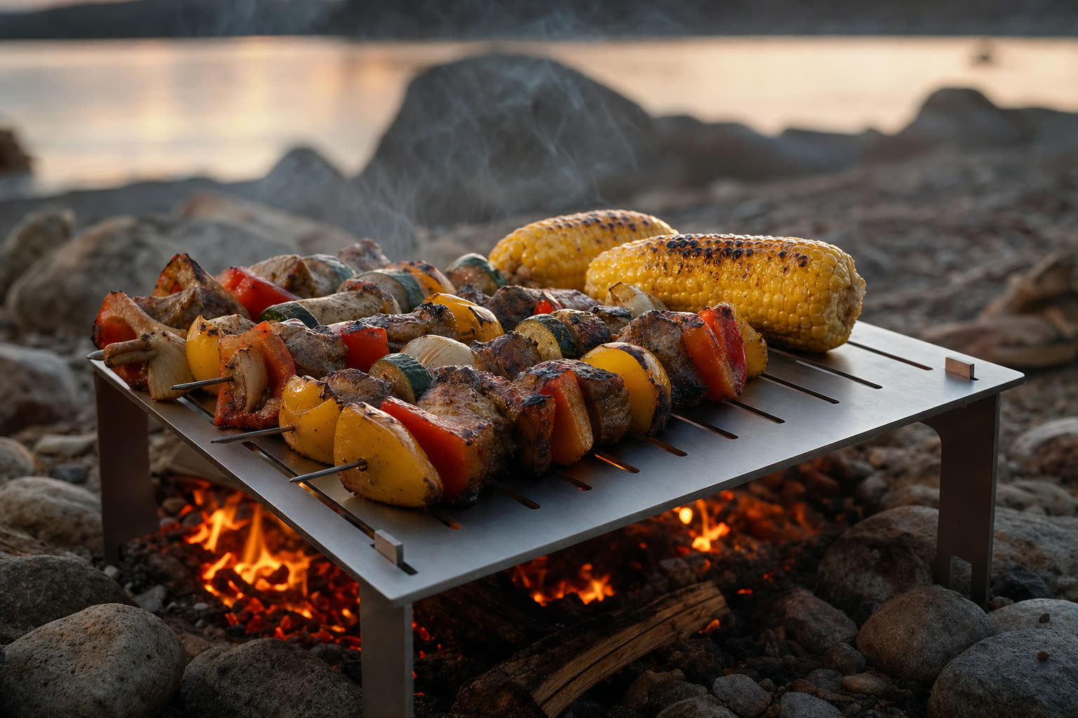 Bunte Gemüsespieße und Maiskolben auf dem ROSTY über dem Lagerfeuer